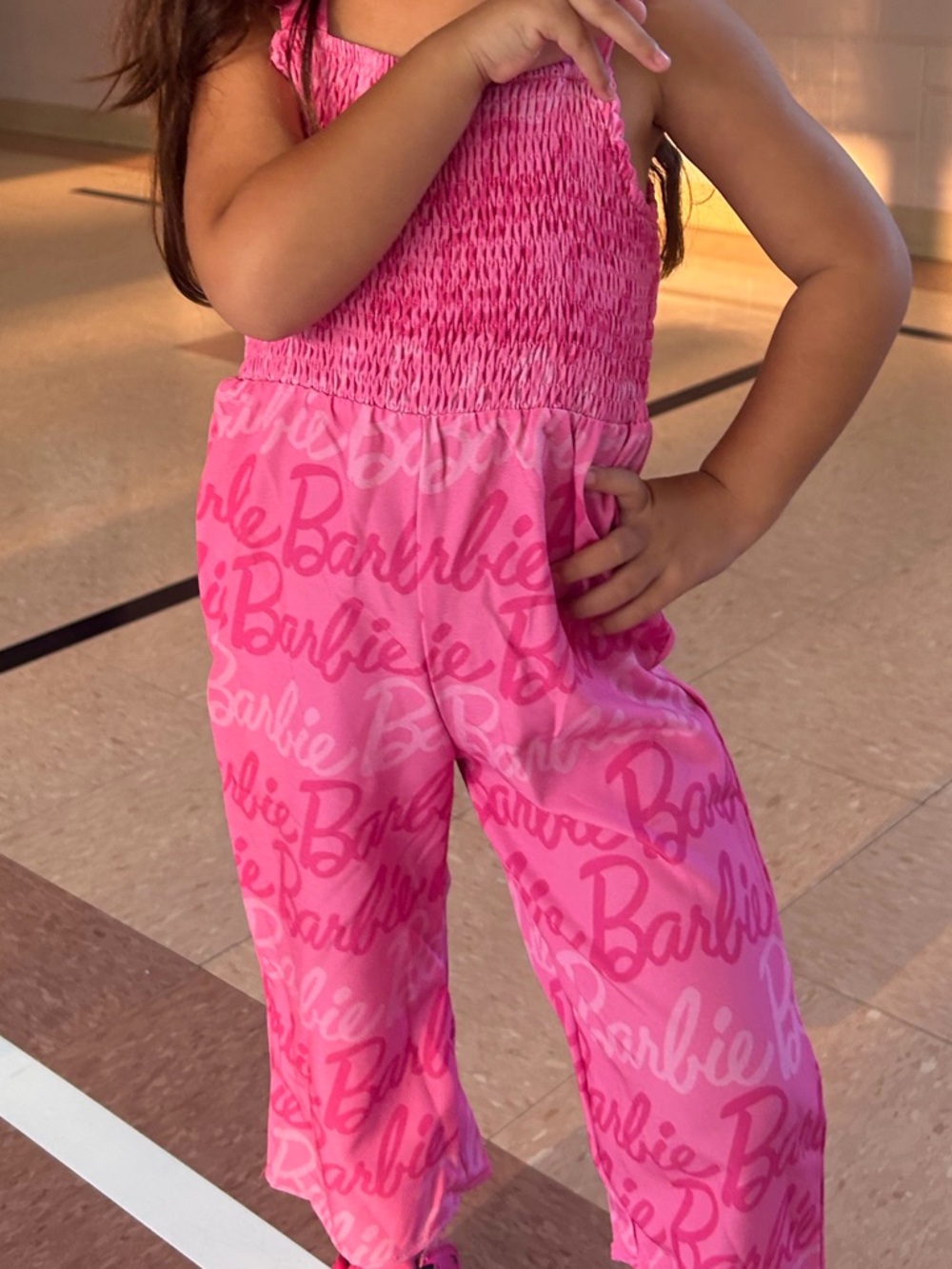 PatPat Pink Barbie Logo Smocked Jumpsuit EUC